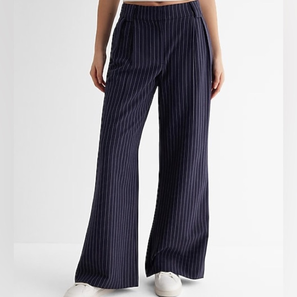 Express Navy Blue Pinstripe High Waisted Wide Leg Pleated Trouser 12 Work Office
